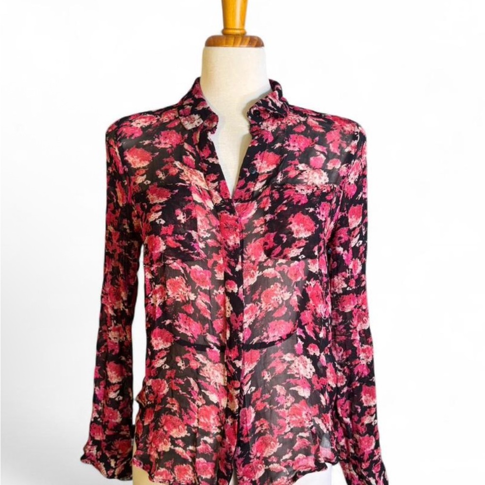 Lucky Brand Floral Sheer Blouse - Pink and Black